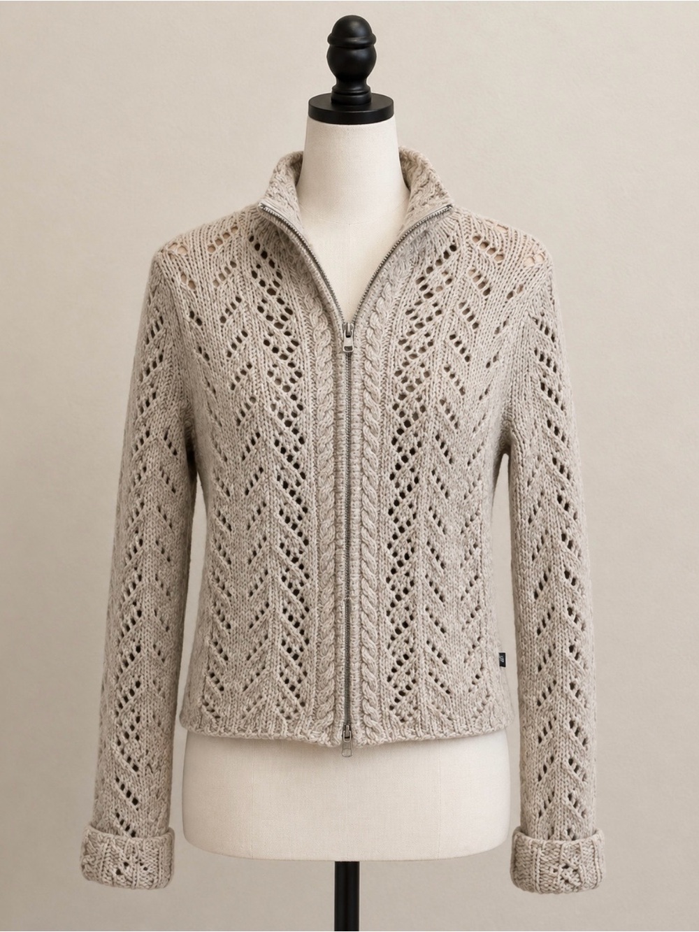 Abercrombie & Fitch Openwork Zip-Front Cardigan — Taupe Beige